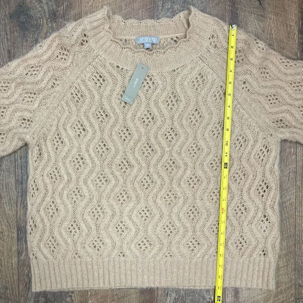 J Crew Women’s Pointelle Scallop Trim Sweater Beige Tan Crochet Eyelet Alpaca XL - Picture 6 of 8